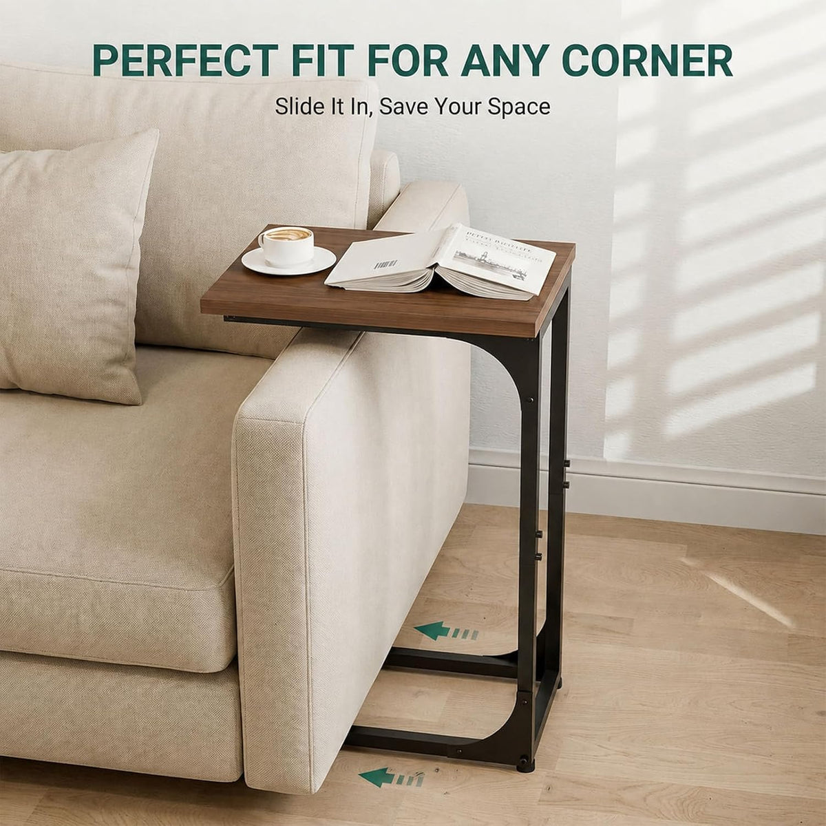 TEMI C Shaped End Table for Couch - Small Side Table and TV Tray for Eating or Laptop