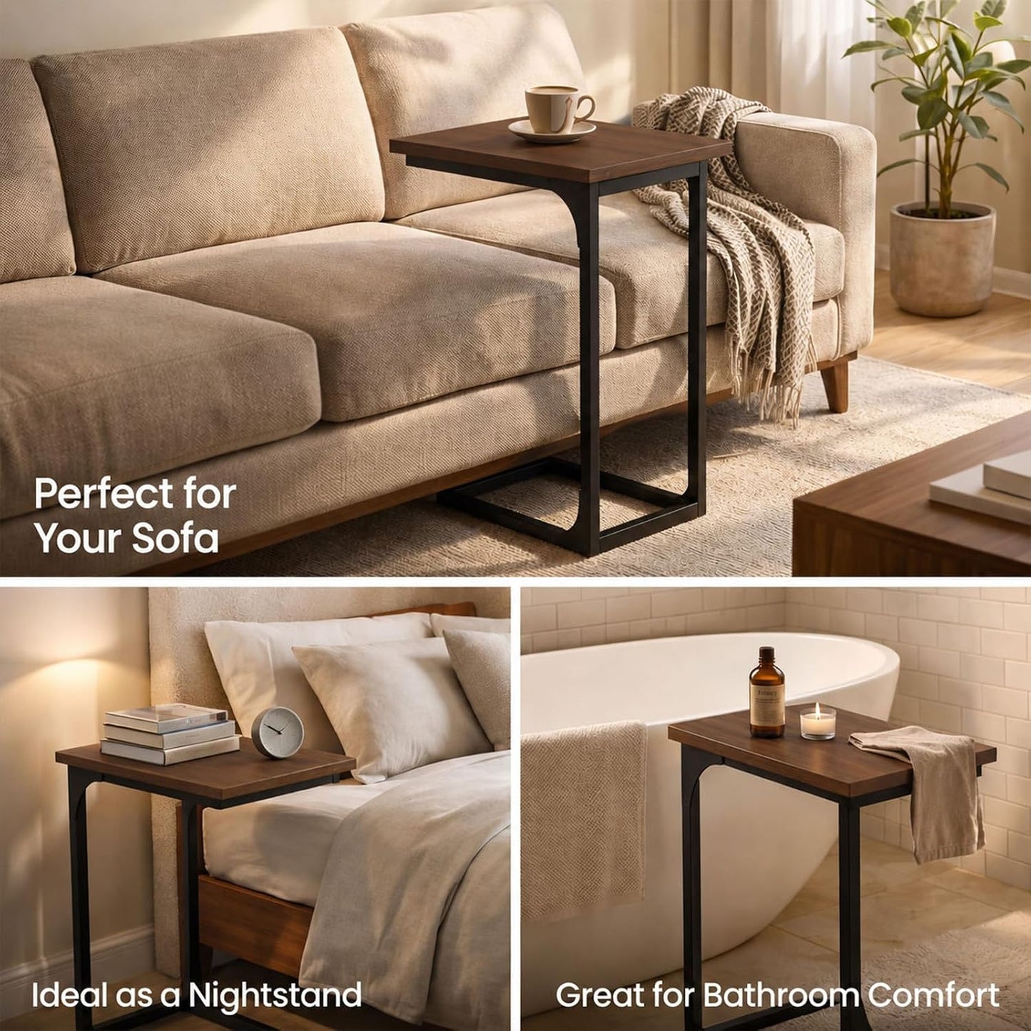 TEMI C Shaped End Table for Couch - Small Side Table and TV Tray for Eating or Laptop