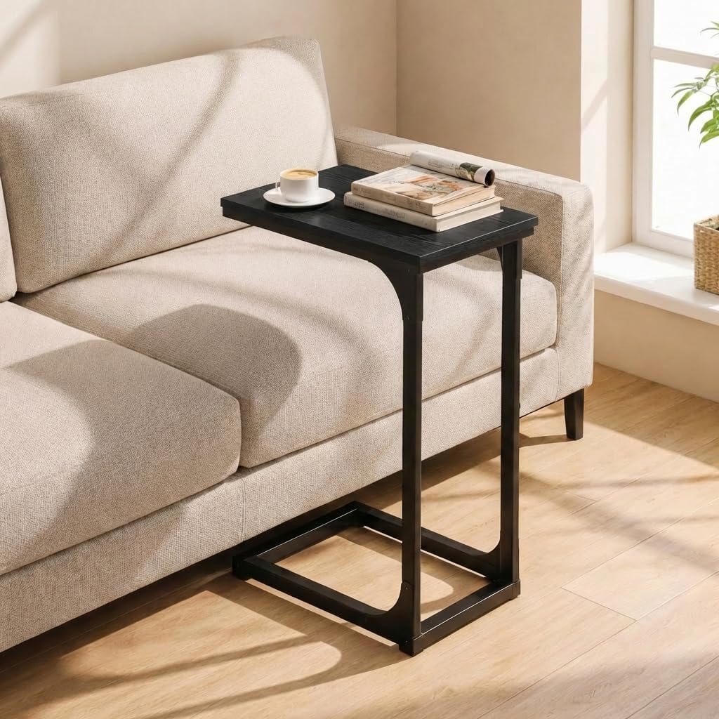 TEMI C Shaped End Table for Couch - Small Side Table and TV Tray for Eating or Laptop
