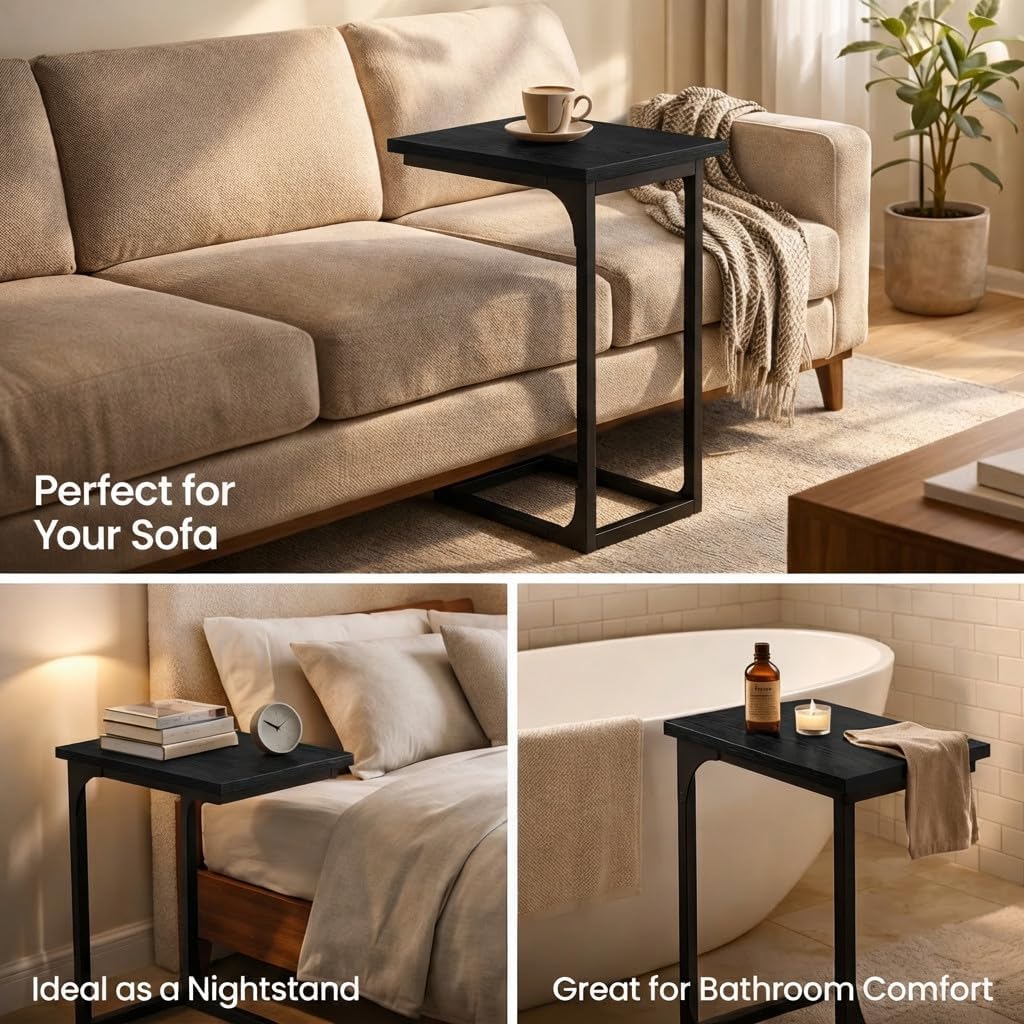 TEMI C Shaped End Table for Couch - Small Side Table and TV Tray for Eating or Laptop