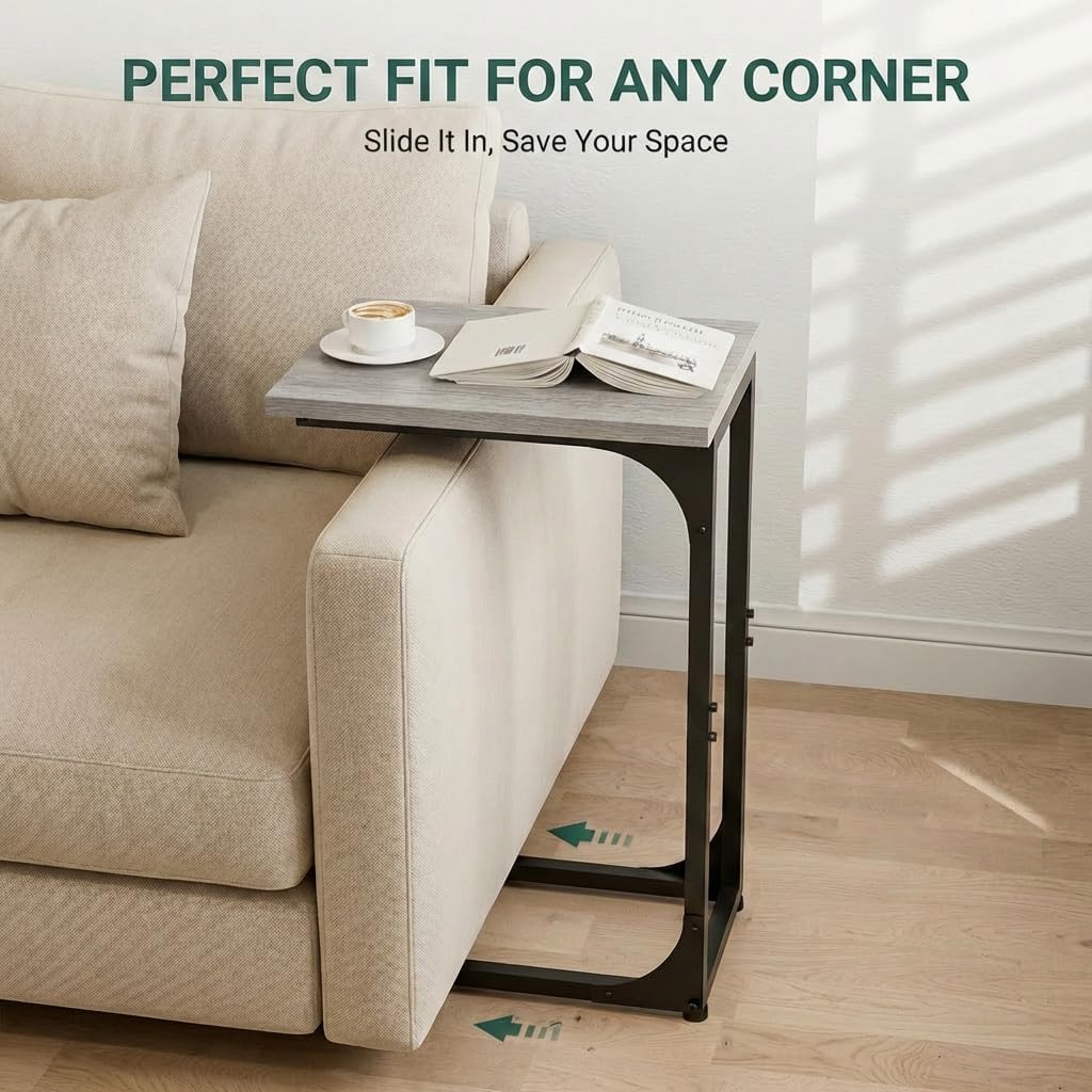 TEMI C Shaped End Table for Couch - Small Side Table and TV Tray for Eating or Laptop