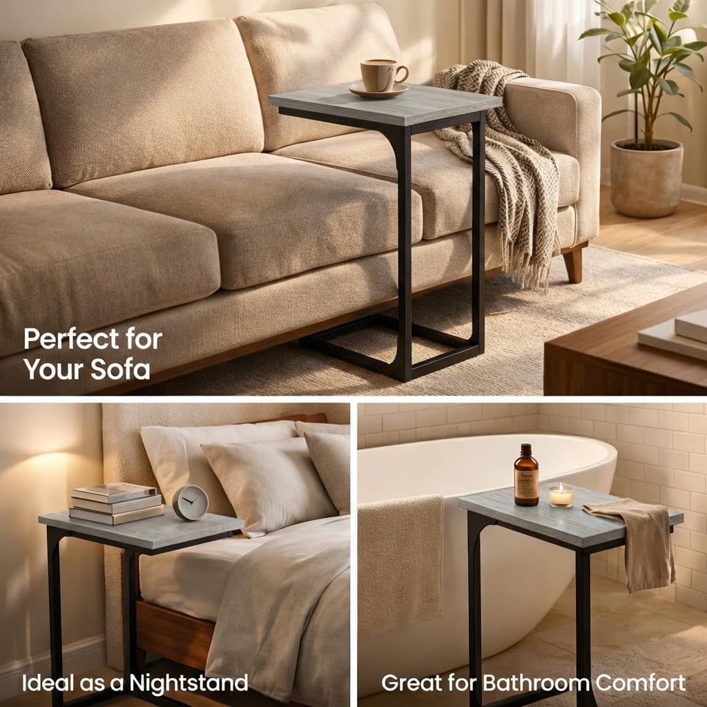 TEMI C Shaped End Table for Couch - Small Side Table and TV Tray for Eating or Laptop