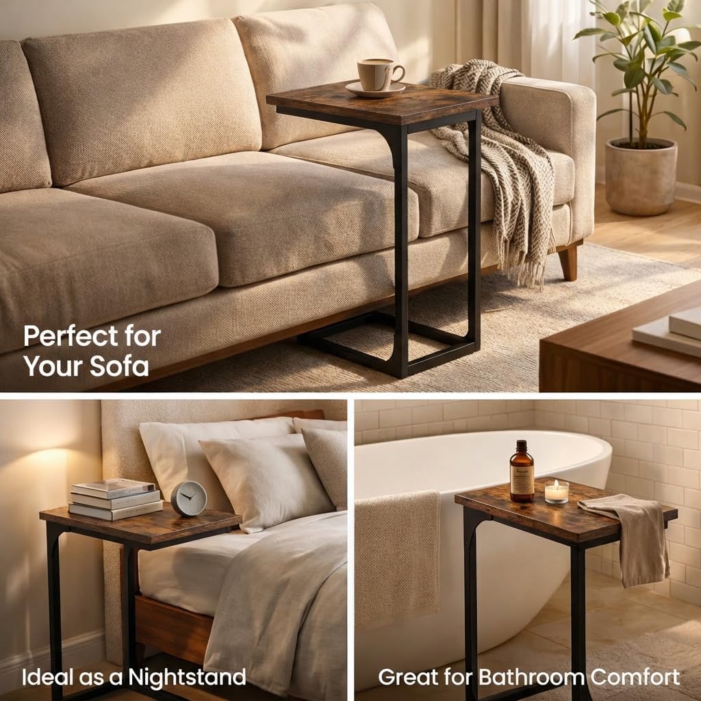 TEMI C Shaped End Table for Couch - Small Side Table and TV Tray for Eating or Laptop