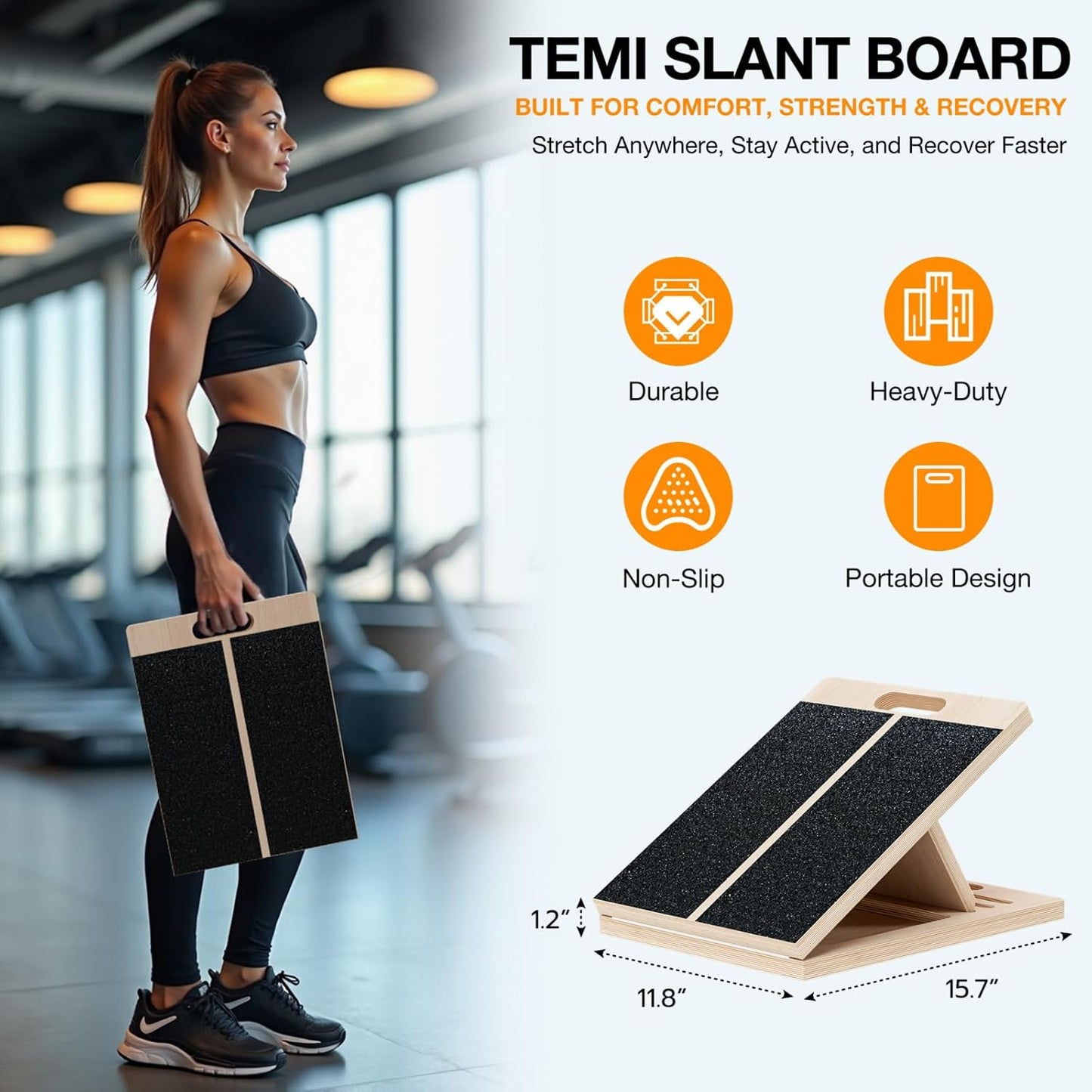 TEMI Slant Board for Calf-Stretching - Wooden Incline Wedge Stretcher for Squats